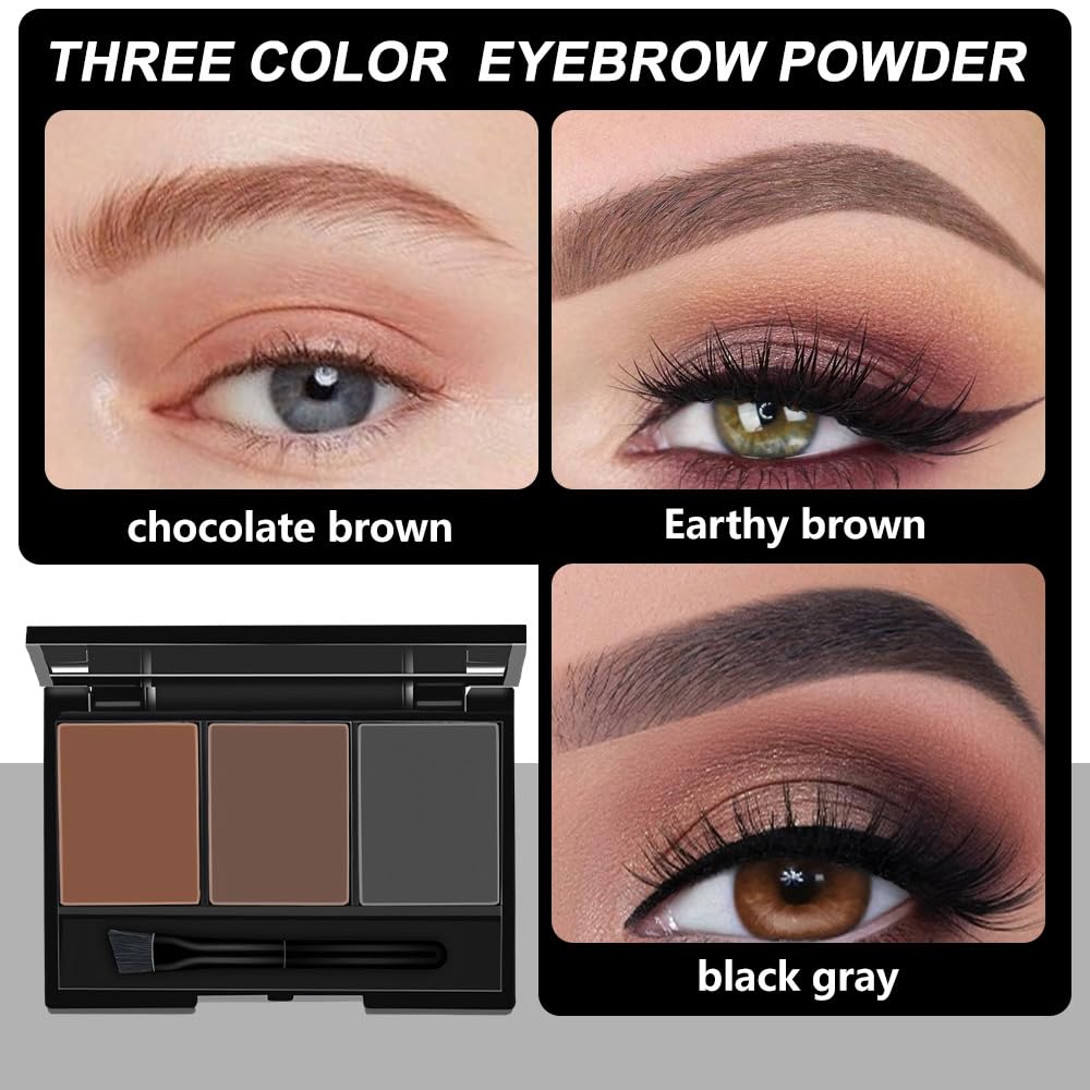 Eyebrow Powder Medium Brown Black Grey Kit,Eye Brow Powder for Women with Brow Brush,Long-Lasting Waterproof Three Colors Brow Filler Get Full Defined Natural Brows,Brown Eyebrow Powder Makeup