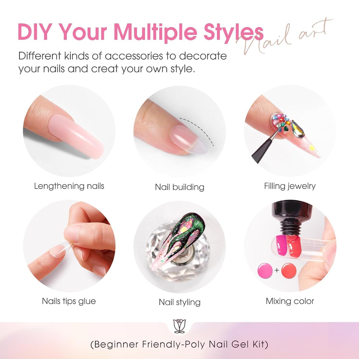 ROSALIND Coloful Poly Nail Gel Kit -34 Colors + Neon Accessories Clear Nude Poly Nails Gel Starter Kit with Mini UV Lamp Slip Solution Summer Halloween Extensions Kit