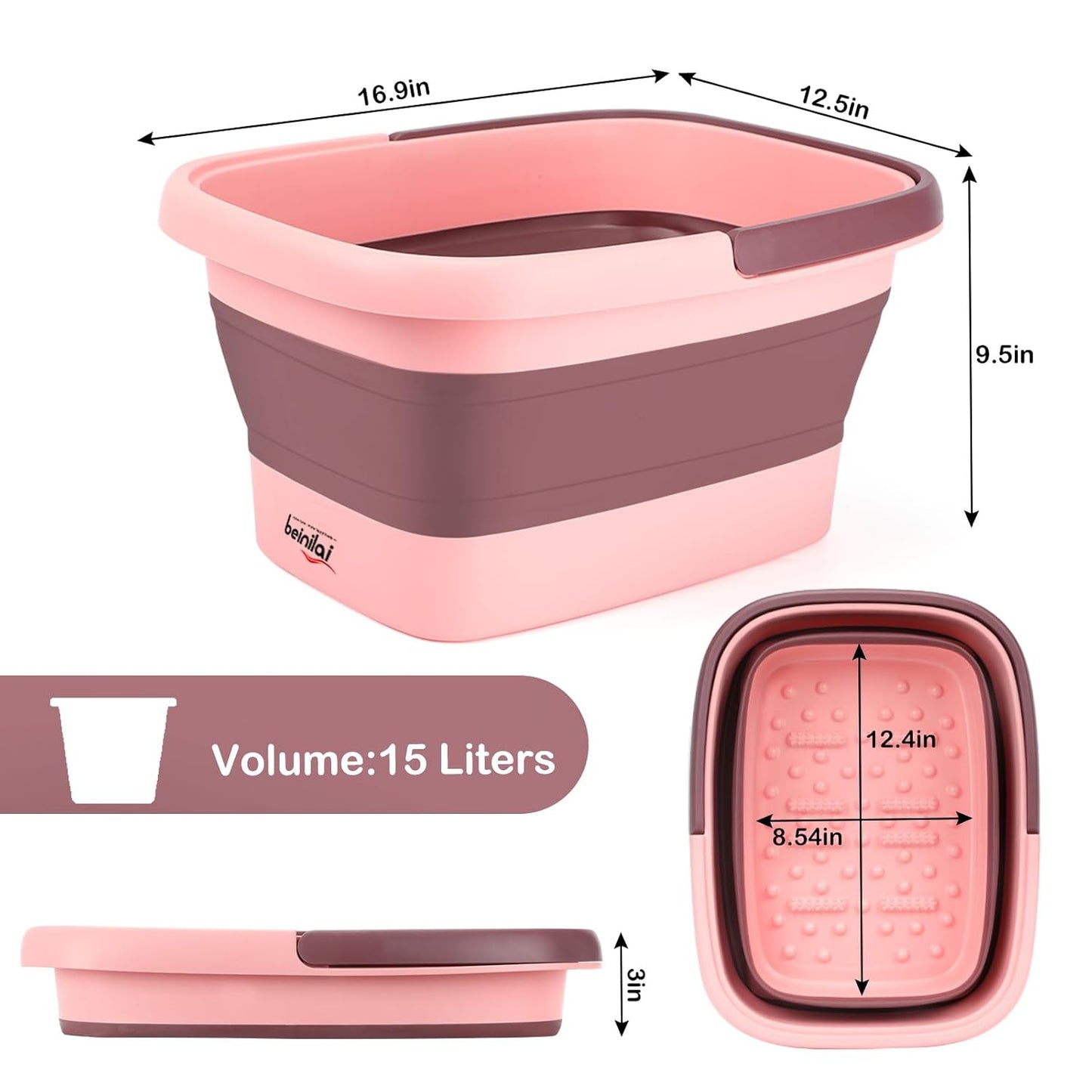 Foot Bath Collapsible Foot Soak Tub,Beinilai Collapsible Foot Bath Basin,Multifunction Plastic Basin with Handles,Foot Tub for Soaking Feet-Pink