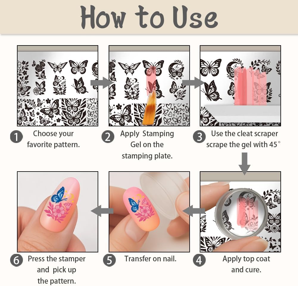 UNICRAFTALE 5Pcs Butterfly Flower Reusable Nail Stamp Flames Nail Stamping Kit Abstract Textures French Tip Nails Stamp Star Stainless Steel Nails Stamping Plates for Women Gift 12x6cm