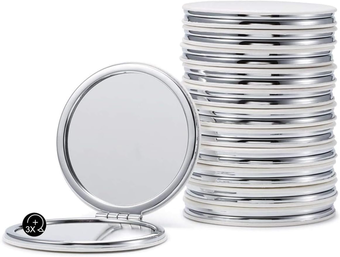 Compact Mirror Bulk, Set of 12 Round Double-Sided 1X/3X Magnification PU Leather (White, 2.8")