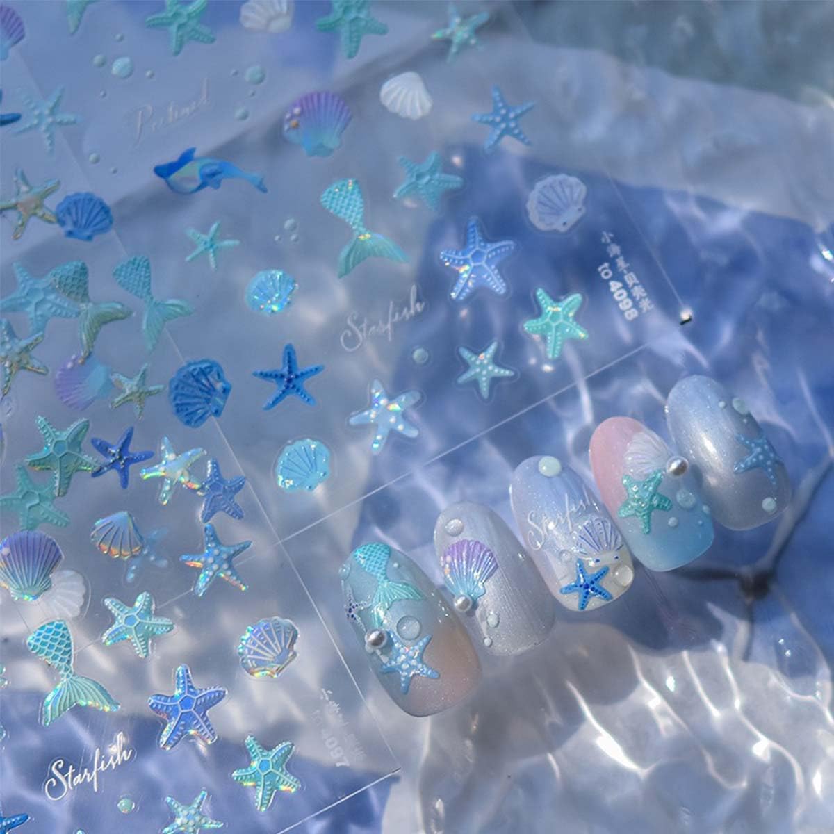 1 Sheets 5D Embossed Summer Nail Stickers Cute Nail Art Decals Shell Starfish Designs Summer Sea Theme Nail Art Sticker Self Adhesive Nails Supplies for Women Manicure Decoration