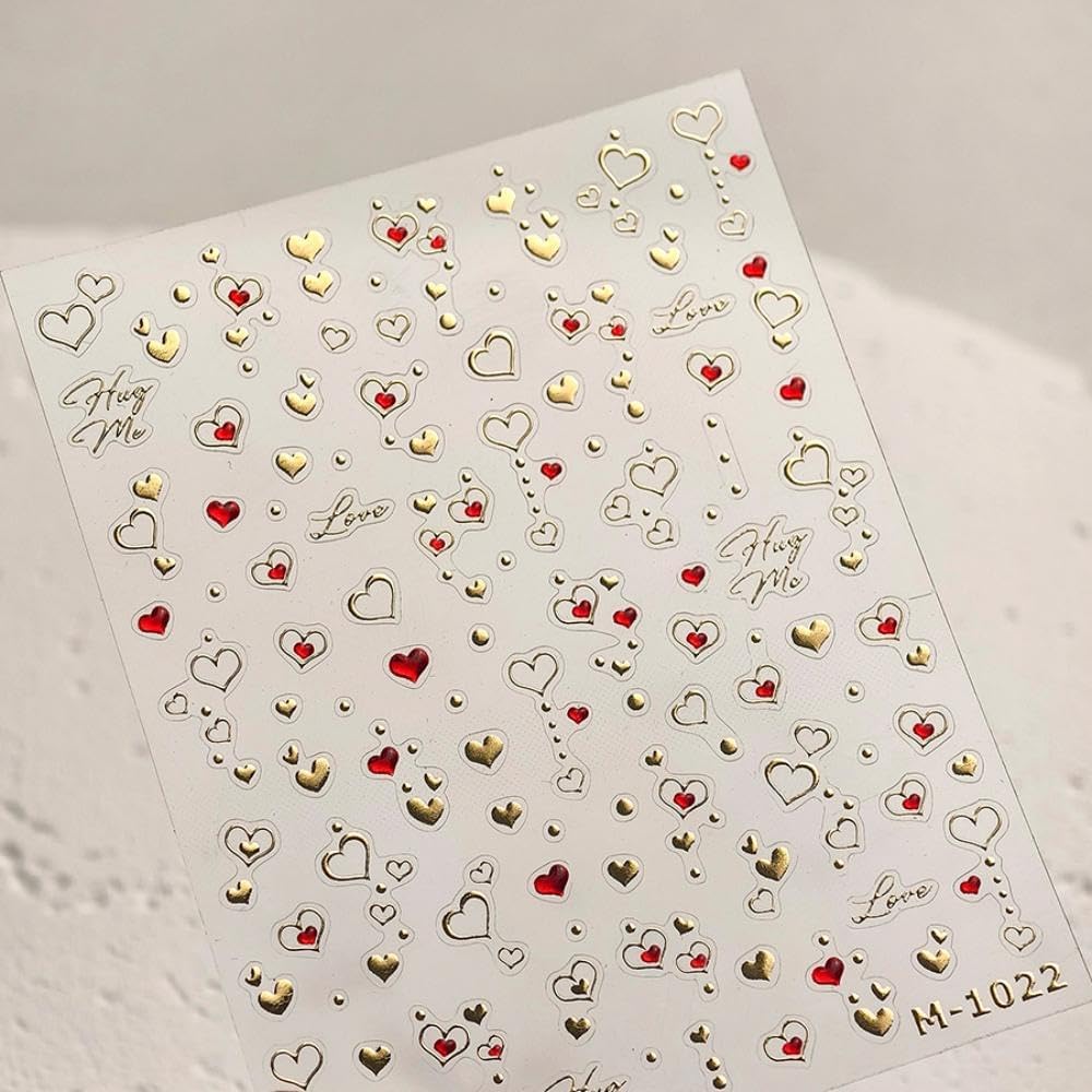 2 Sheets 5D Embossed Heart Nail Stickers 3D Self-Adhesive Red Black Hearts Love Nail Decals Golden Silver Hollowe Design Love Fall Valentines Day Nail Art for Women Girls DIY Manicure