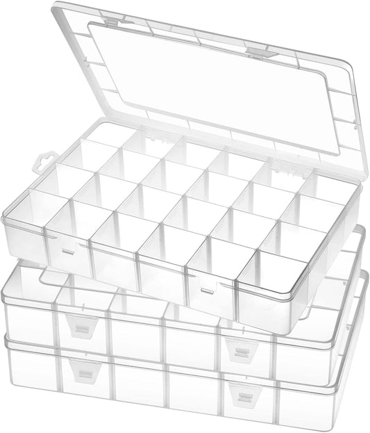 Large 24 Grids Plastic Organizer Box Adjustable Dividers,Clear Storage Box for Jewelry, Art DIY Crafts, Washi Tapes, Beads and Small Parts(3 Pack)