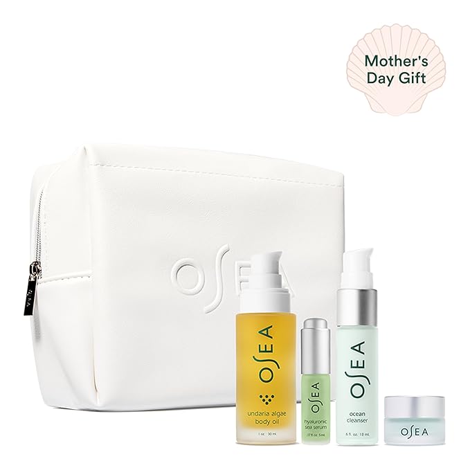 OSEA Bestsellers Discovery Skincare Set - 4-piece Skin Care Set - Vegan Leather Pouch, Body Oil, Face Cleanser, Water Cream, & Hyaluronic Acid Serum - Clean Beauty Travel Set - Ideal for Beauty Gifts