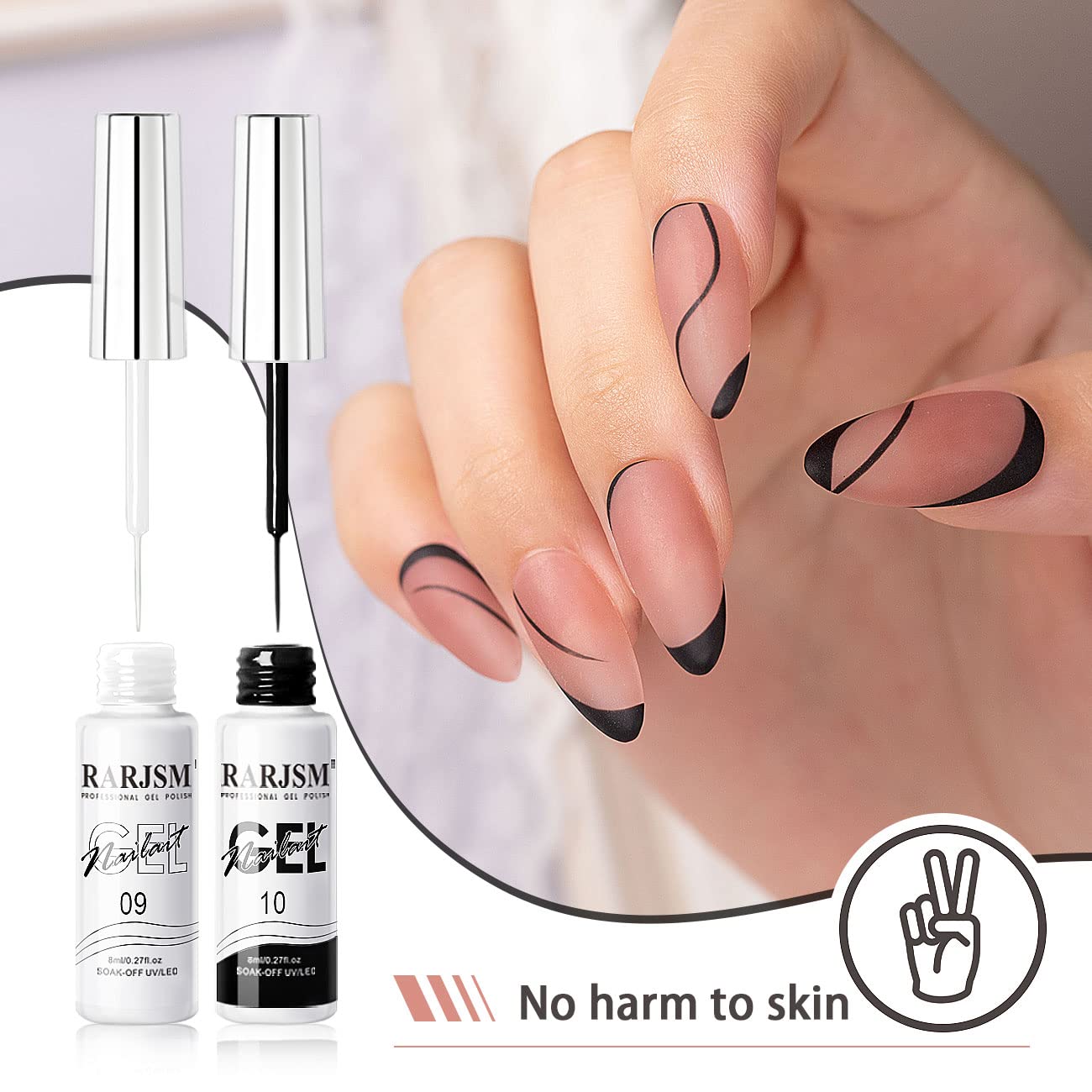 RARJSM Nail Art Gel,Liner Gel Polish,Black White Nail Design Polish Painted GelNailPolish Set 2Pcs Soak off Curing Requires 8ml Build in Thin Brush for Home Salon Diy Nails French Manicure Painting