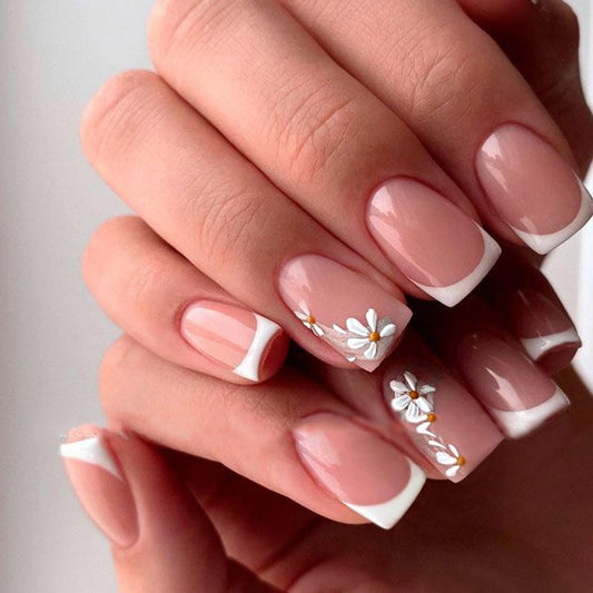 French Nude Press On Nails Short Square, Summer Fake Nails with White French Tip and 3D Daisy Flower Design, Glossy Gel Finish Acrylic Nails, Natural Reusable Glue On Nails Kit for Women, 24 Pcs