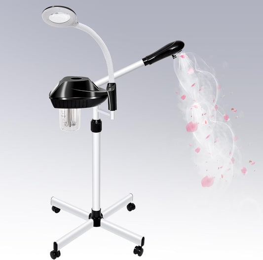 Professional Facial Steamer, 2 in 1 Facial Steamer with 5X Magnifying Lamp for Deep Cleansing and Hydration, Face Steamer on Wheels with Time Setting, Estheticians Steamer for Spa, Salon and Home Use