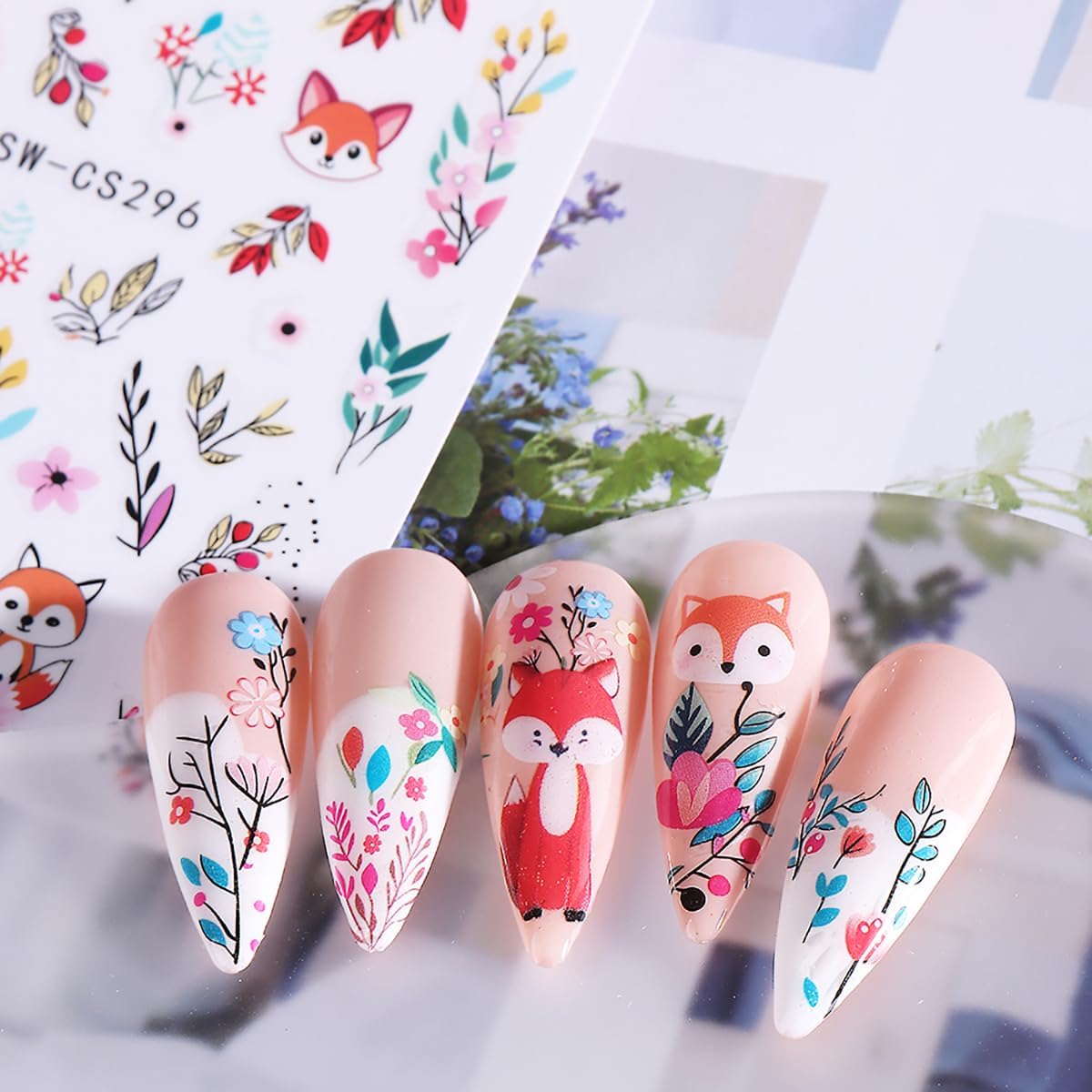 Fall Nail Art Stickers, Cute Fox Nail Art Decals 3D Self-Adhesive Cotton Fox Nails Stickers Autumn Blossom Flowers Nail Design 6Pcs Nail Art Supplies for Women Nail Decoration
