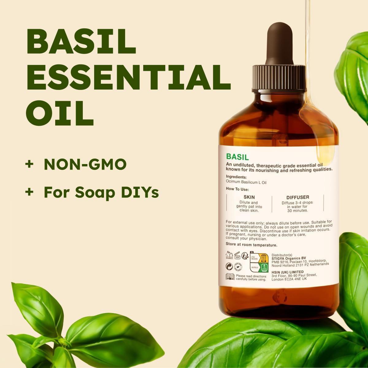 Kukka Basil Essential Oil for Diffusers - 4 Fl Oz - Basil Oil for Skin & Aromatherapy Scent Massage Candles, DIY Soap Making Scents