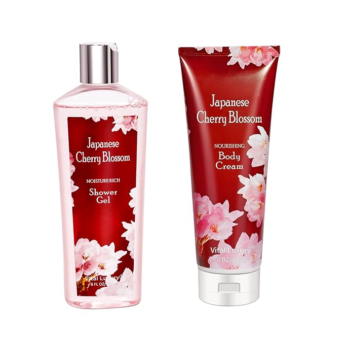 Japanese Cherry Blossom Shower Gel and Body Cream Set - Nourishing and Moisturizing Daily Skincare - 8 fl.oz / 236mL Each, Christmas Gifts for Her and Him (Japanese Cherry Blossom)