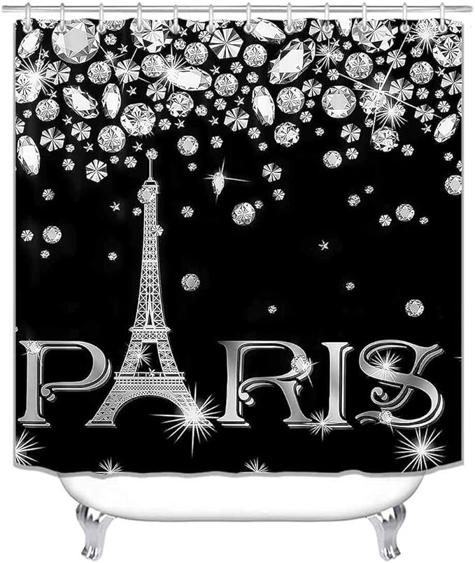 4PCS Eiffel Tower Shower Curtain Set, Luxury Jewelry Rhinestone Bling Diamond Paris Bathroom Decor, Waterproof Fabric Black Shower Curtain, Non-slip Bath Mat Toilet Lid Cover Bathroom Rugs