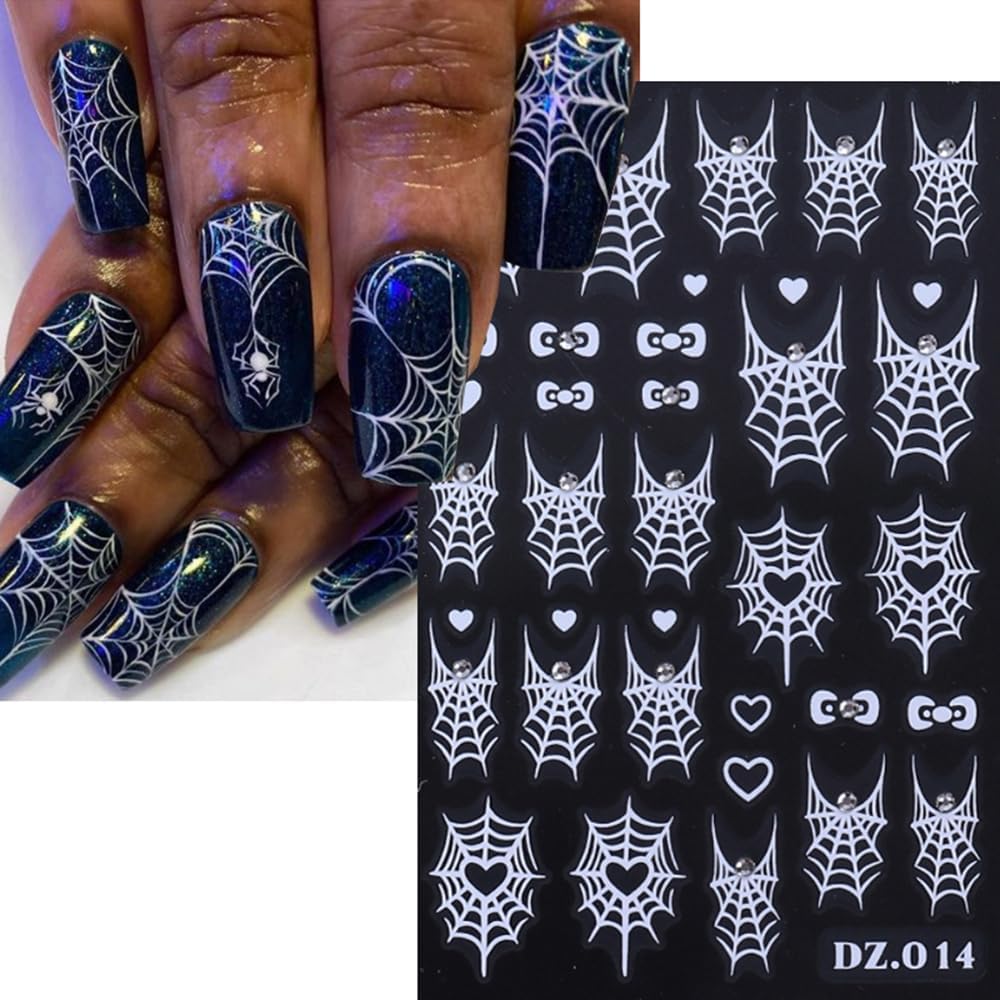 5D Halloween Heart Spider Web Nail Art Stickers - White, Black, Rainbow, Gold, Laser Silver Nail Decals with Rhinestone Accents, Self-Adhesive Nail Adhesive Sliders for Women Art Decorations 5 Sheets