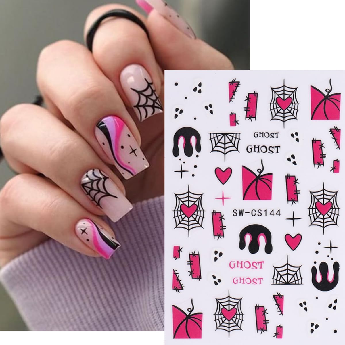 Halloween Nail Decals - 10 Sheets Self-Adhesive Nail Design Stickers with Pumpkin, Spider Web, Bleeding Nail Art, Spooky Ghost, Flowers, Boo Bat for Women DIY Halloween Nail Decor