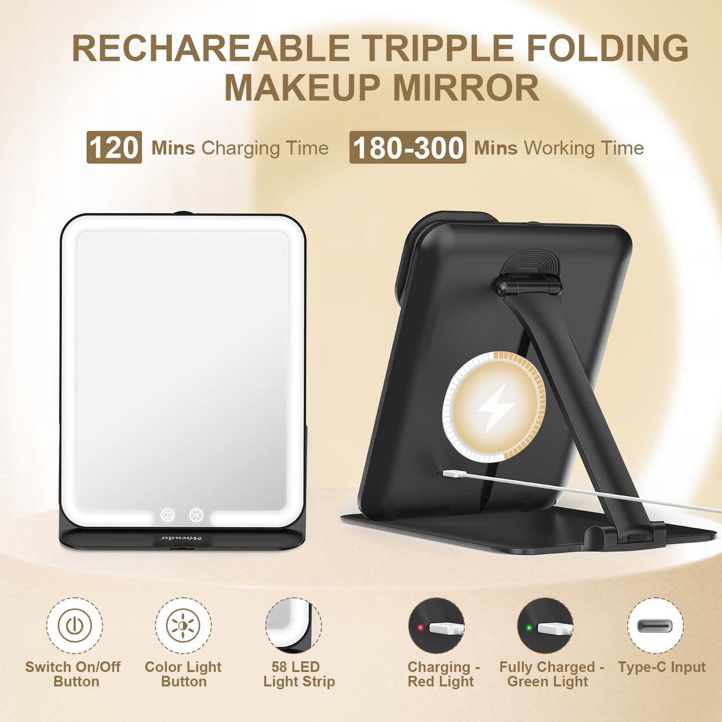 Mocado Travel Makeup Mirror with Light - 7x5 Inches Tripple Folding Travel Mirror with Light, 3 Colors Lighted Makeup Mirror, Portable Makeup Mirror, Freely Adjust Height and Angle(Black)