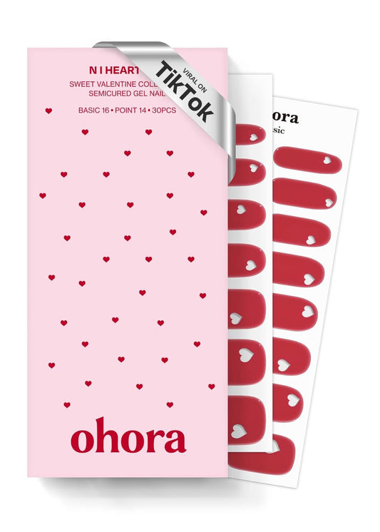 ohora Semi Cured Gel Nail Strips (N I Heart You) - Red, Solid, Works with Any UV/LED Lamps, Salon-Quality, Long Lasting, Easy to Apply & Remove - Includes 2 Prep Pads, Nail File & Wooden Stick