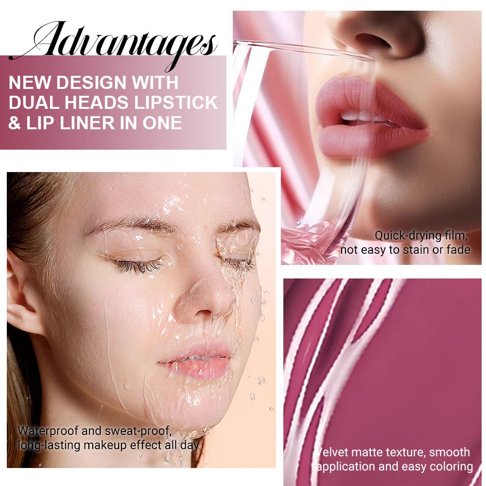 evpct 1Pcs Rose Plum Neutral Matte Lip Liner and Liquid Lipstick Stain Makeup Set for women, Rose Long Lasting Smudge Proof Lipstick labiales matte mate larga duracion listip 24 hours originales, 28#