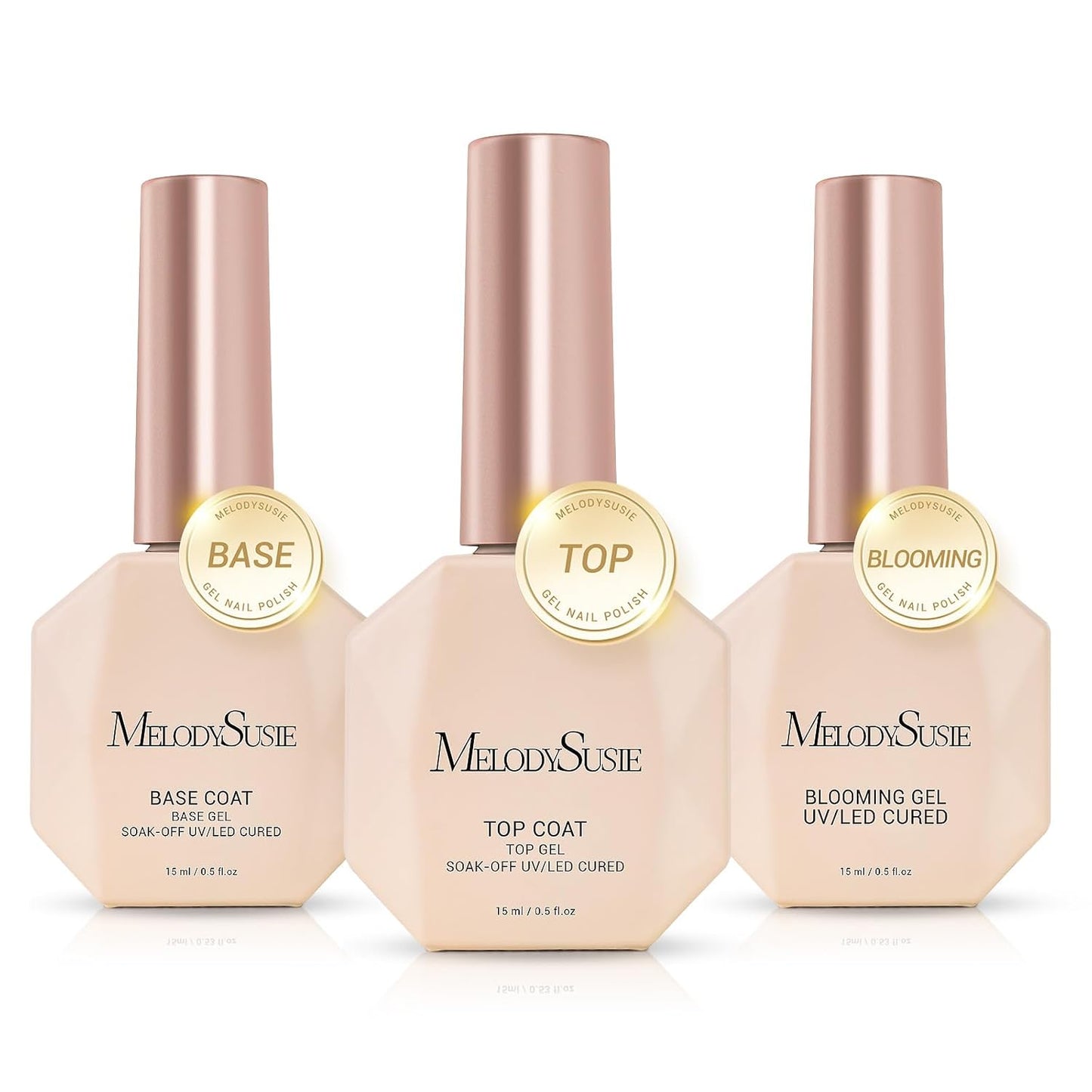 MelodySusie Top Coat Blooming Gel Base Coat No Wipe Glossy Set Long Lasting Shine Finish Soak Off UV LED Nail Lamp Nail Art Design Manicure Kit Perfect Gifts for Women Girls 3 Pcs 15ml Clear