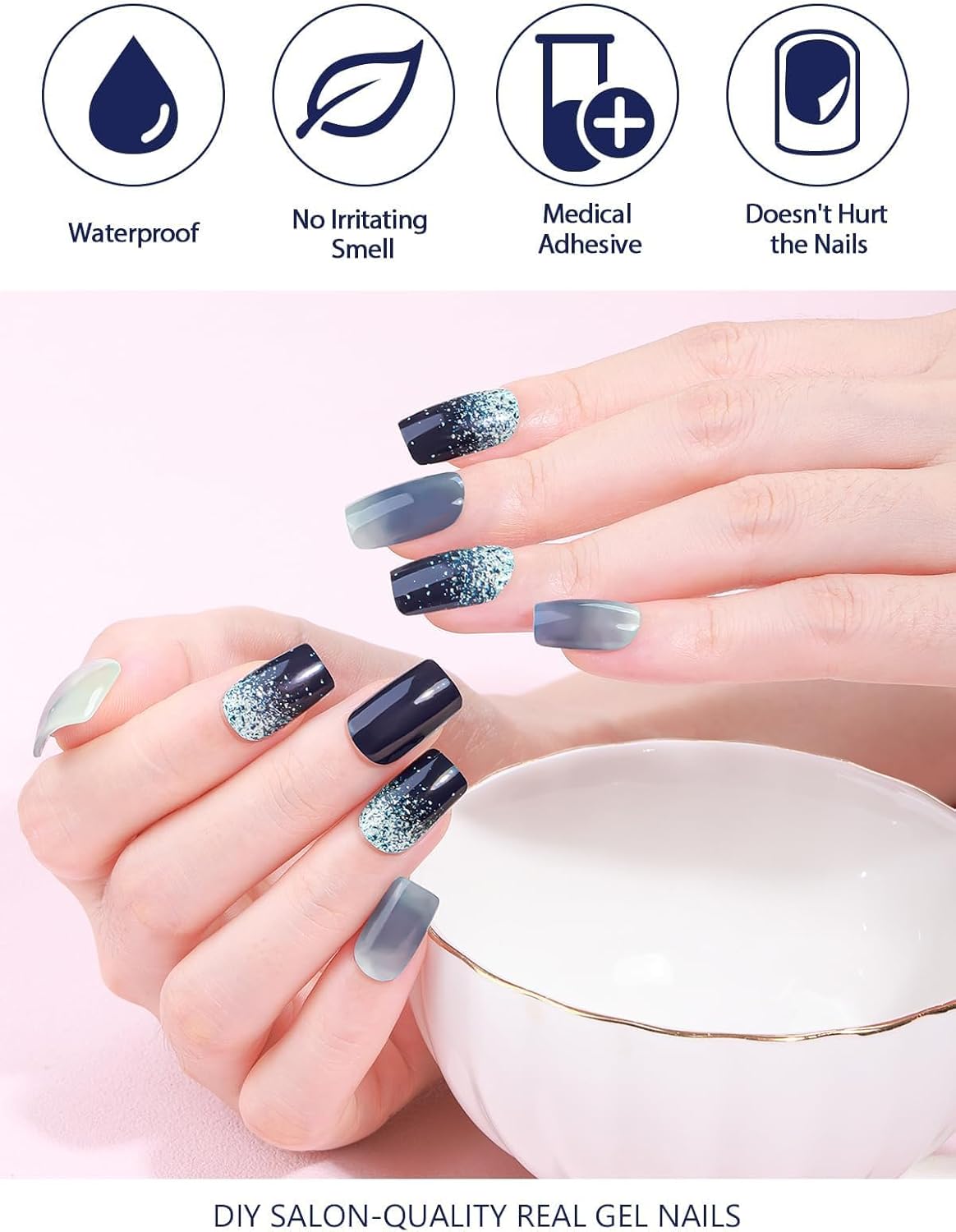 EBANKU 32PCS Semi-Cured Gel Nail Wraps Full Nail Polish Wraps Shiny Nail Decors UV/LED Lamp Required (Marble Blue)