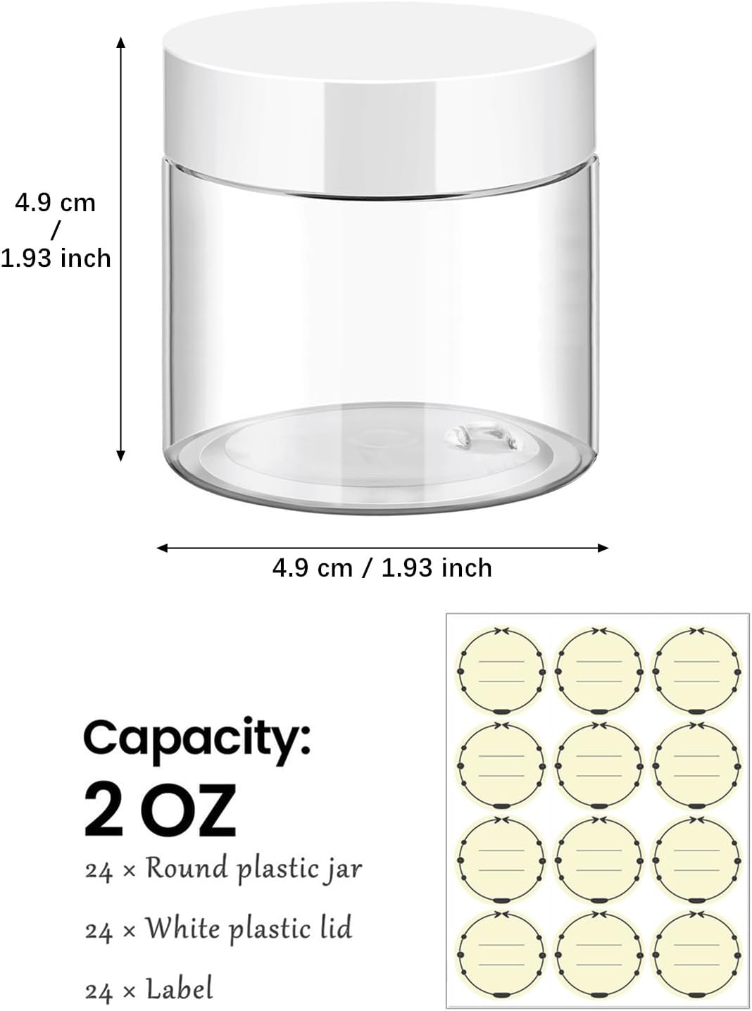 TUZAZO 24 Pack 2 Oz Small Plastic Container Jars with Lids and Labels BPA Free, Empty Round Clear Cosmetic Containers Plastic Slime Jars for Lotion, Cream, Ointments, Samples, Travel Storage (24)