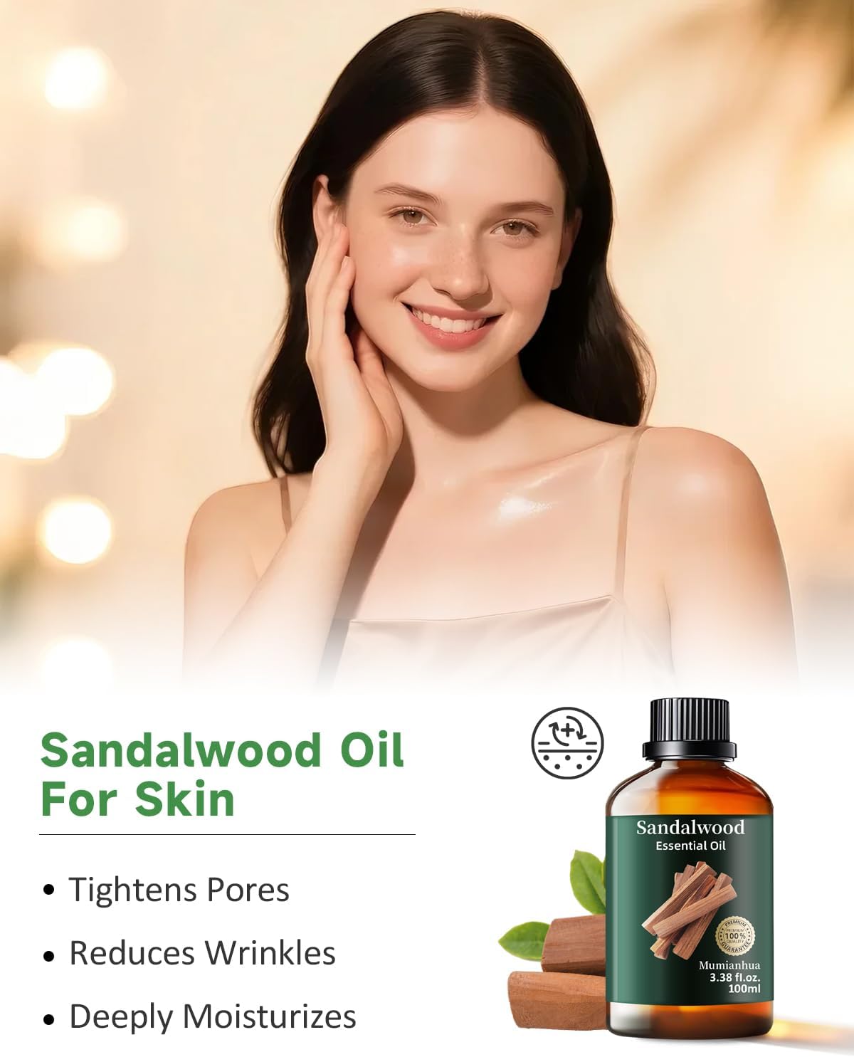 Sandalwood Essential Oil Pure，Mumianhua Natural Sandalwood Oil Undiluted Therapeutic Grade Aromatherapy Oil for Diffuser, Skin, Hair, Massage, Candle & Soap Making 3.38 Fl Oz