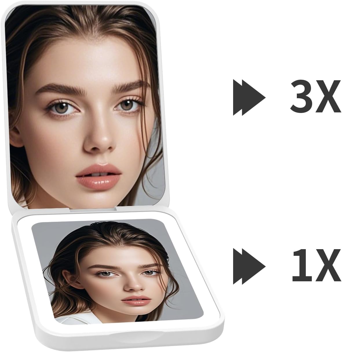 Kintion 2025 Pocket Mirror, Rechargeable Dimmable 3 Color Lighting 1X/3X LED Compact Travel Makeup Mirror for Purse, Portable, Folding, Handheld, Small Lighted Mirror for Women Gift, White