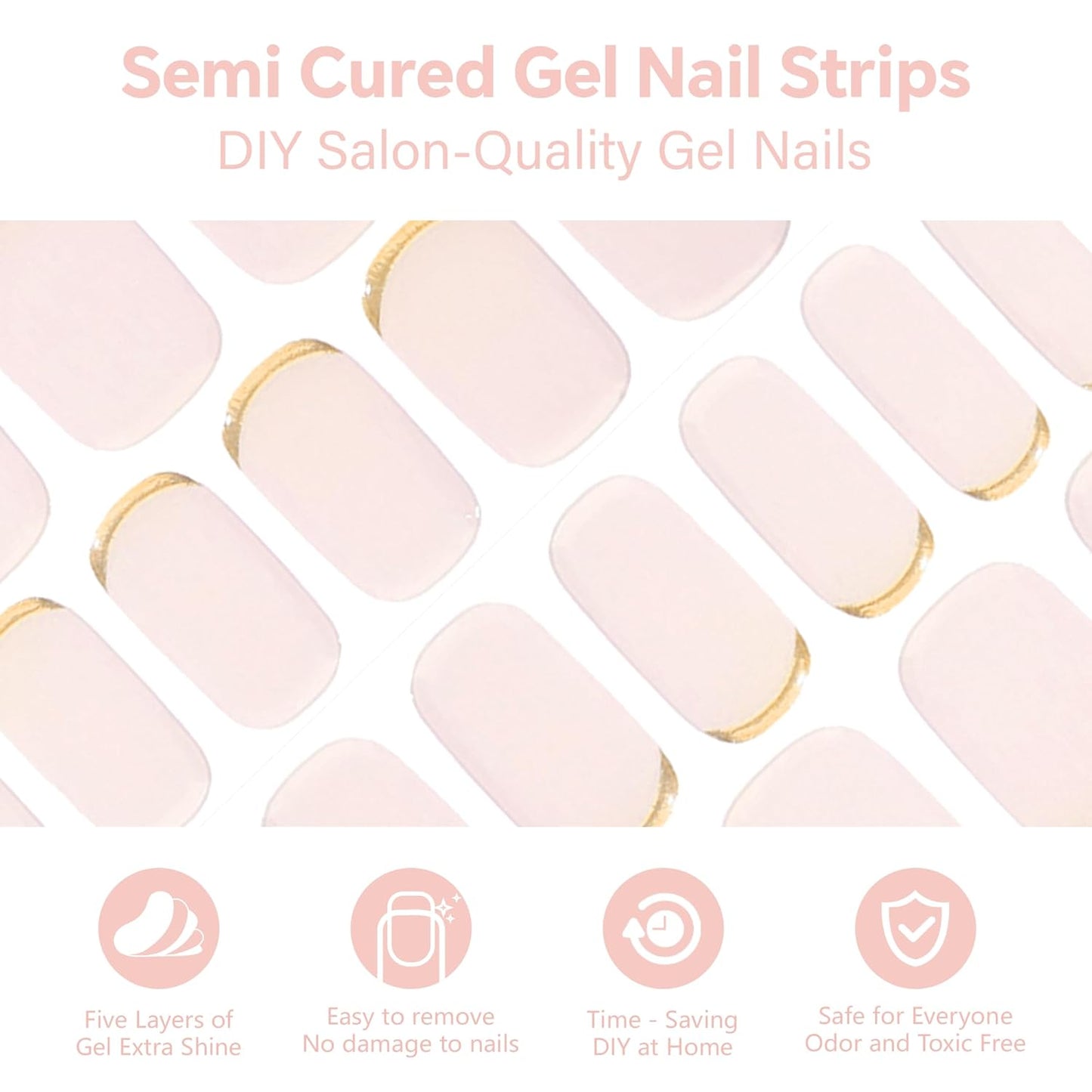 Semi Cured Gel Nail Strips-Quick Press on Nails Nude Glue on Nails, French Tip & Simple Designs, Semi Gel Nail Stickers for Everyday & Housework,Works with Any UV/LED Lamps(Ruby French)