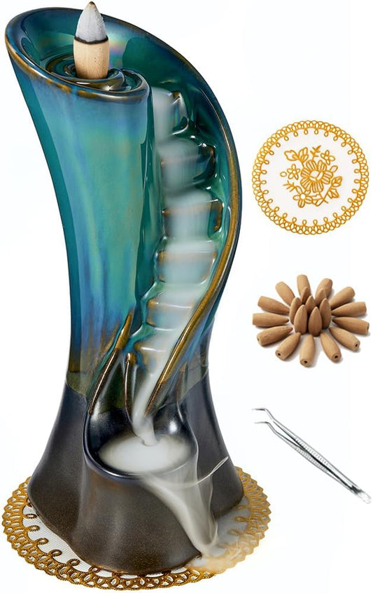 Unique Cloud Stairs Ceramic Waterfall Incense Holder, Paired with a Pack of Backflow Incense Cones. (Blue)