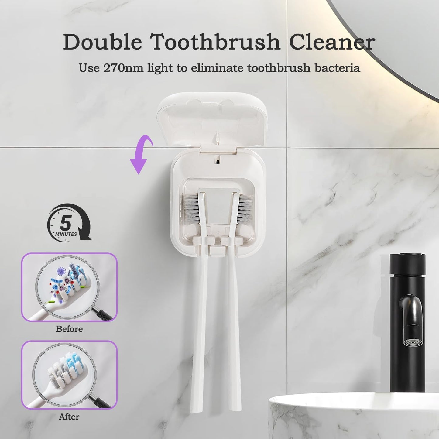 Toothbrush Holder, Toothbrush Cleaner Case, Portable USB Charging Toothbrush Cover with U V-C Light, Travel Toothbrush Holder (White-Double)