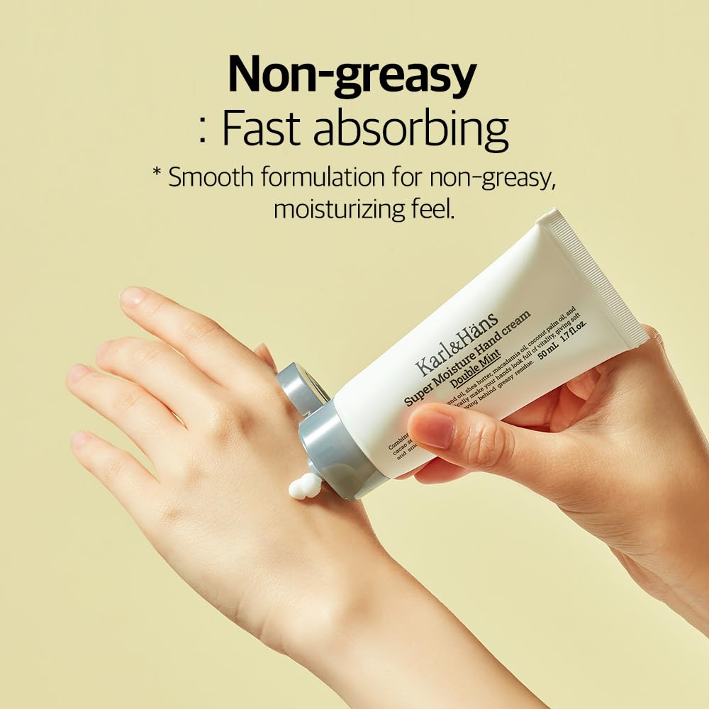 Karl&Hans Super Moisturizing Mint Vegan Hand Cream - Double Mint Scent with Shea Butter, Coconut Oil, Long-Lasting Refreshing Formula, Organic Daily Hand lotion for Dry Cracked Hands - 1.7 fl oz
