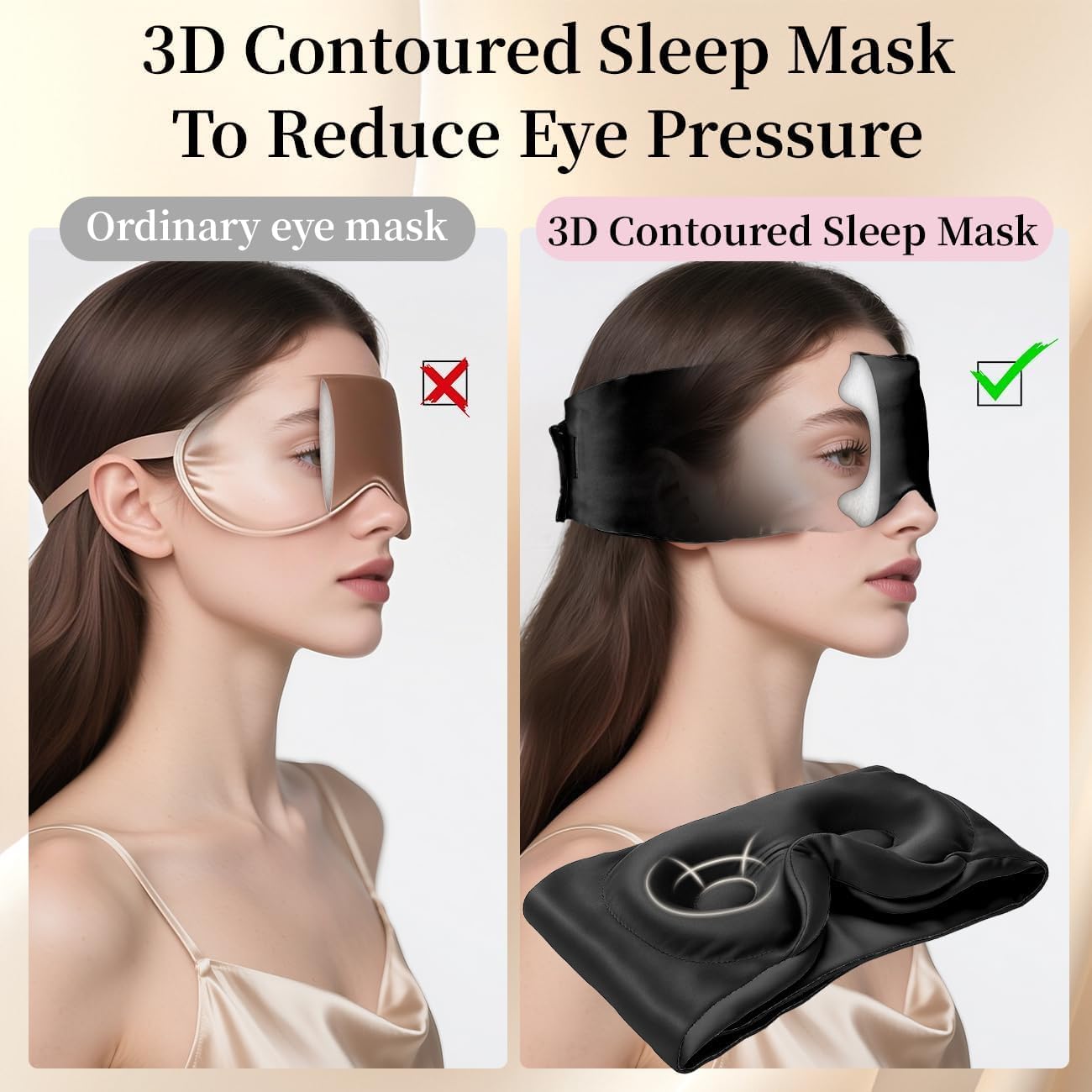 USlixury Silk Sleep Mask, 3D Contoured Sleeping Masks, Blackout Sleep Masks for Women with Nose Wing,100% Mulberry Silk, Face-Hugging Non-Slip SLEP Mask for Side Sleeper, 27.5x4.5'', Dark