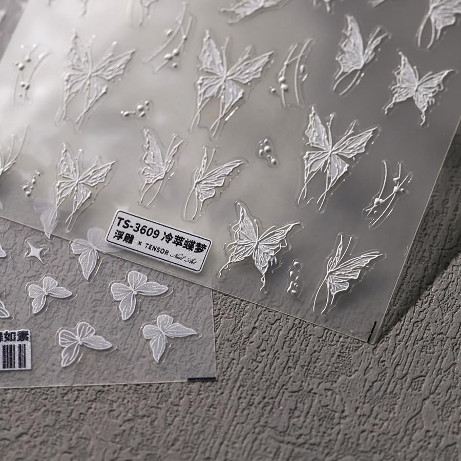 Butterfly Nail Stickers 5D Embossed Nail Art Decals Self-Adhesive White Butterfly Nail Stickers for Nail Art DIY Nail Art Decorations Supplies for Women (1, White Butterfly)