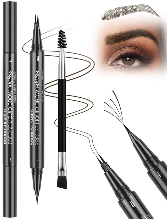 Microblading Eyebrow Pencil, Waterproof Eyebrow Pencils for Women Hair Like Natural Liquid Brow Contouring Pen, 2-in-1 Dual-Ended Long Lasting Brow Filler Pen with Precise Micro-Fork-Tip, Black Brown