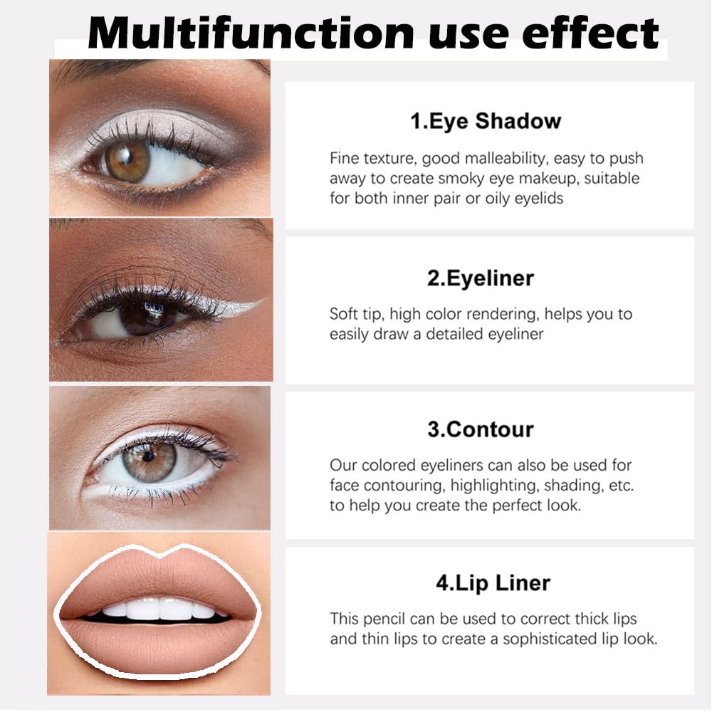evpct 3Pcs Pearl White & Silver & White Gel Glitter Eyeliner Pencils Set for Women Waterproof Smudge Proof lapiz de ojos delineador de ojos contra el agua Eye Liner Makeup 19 20 22