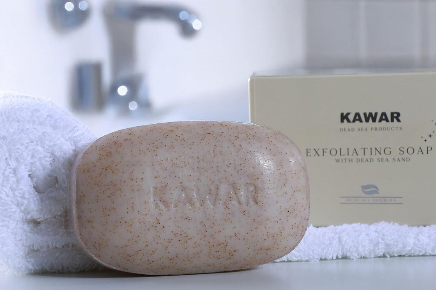 KAWAR Dead Sea Exfoliating Soap with Dead Sea Sand - Salicylic Acid, Magnesium Chloride, Shea Butter, Olive Oil & Tea Tree - Vegan Soap Bar for Men & Women, 4.2 oz