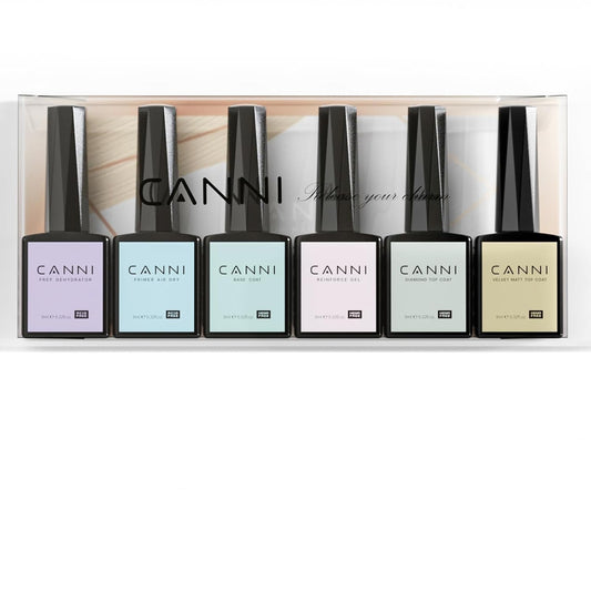 CANNI 6Pcs 9ml Hema-Free Nail Dehydrator Primer, Base Coat Reinforce Diamond Gel Top Coat and Matte Top Coat Gel Nail Polish Set, Soak Off LED Nail Gel Polish Set Nail Art Starter Manicure Salon