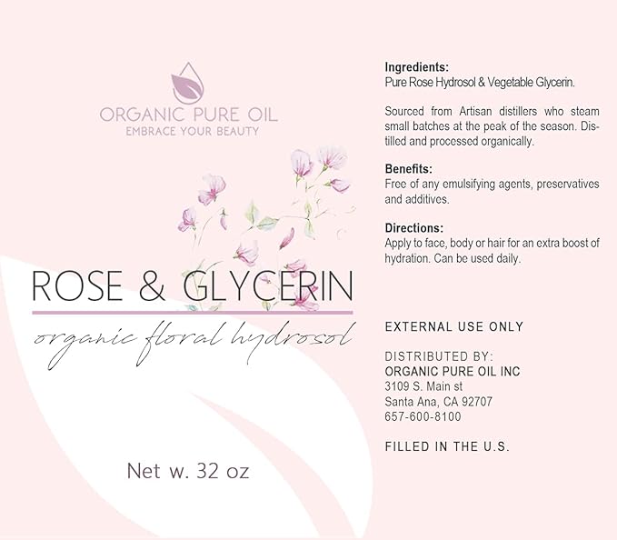 Rosewater Glycerin Mist Toner Bulk Spray Facial Body Floral Cleanser Pure Rose Hydrosol Vegetable Glycerine Moisturizing Cleansing Toning Mix Face Skin Hair Body - Packaging May Vary (32 Ounces)