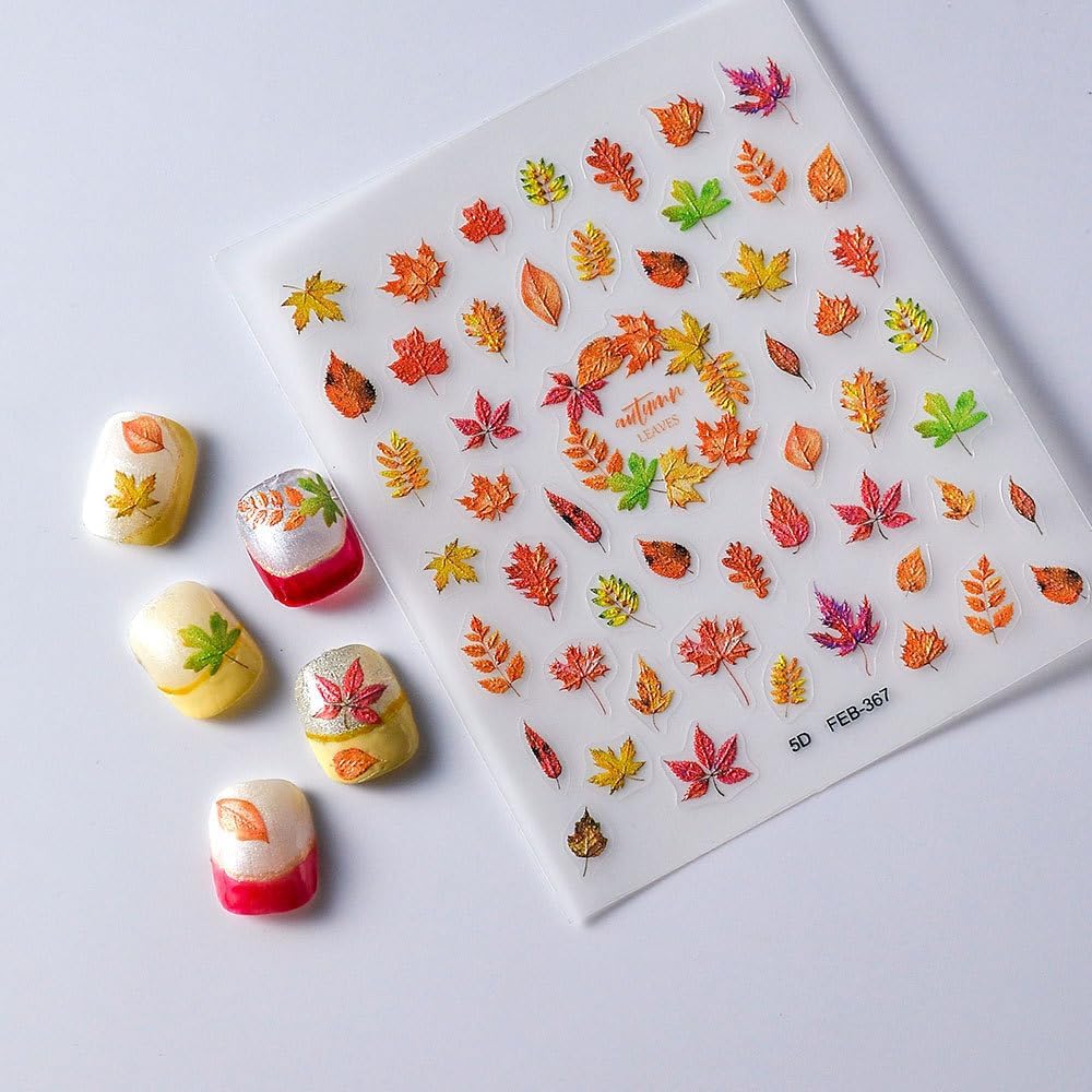 Fall Nails Stickers Maple Leaves Nails Sticker 5D Embossed Autumn Leaf Self Adhesive Sticker Nail Decals Orange Red Yellow Thanksgiving Nail Art Decal Halloween Decals for Nail DIY Manicure 1Sheet
