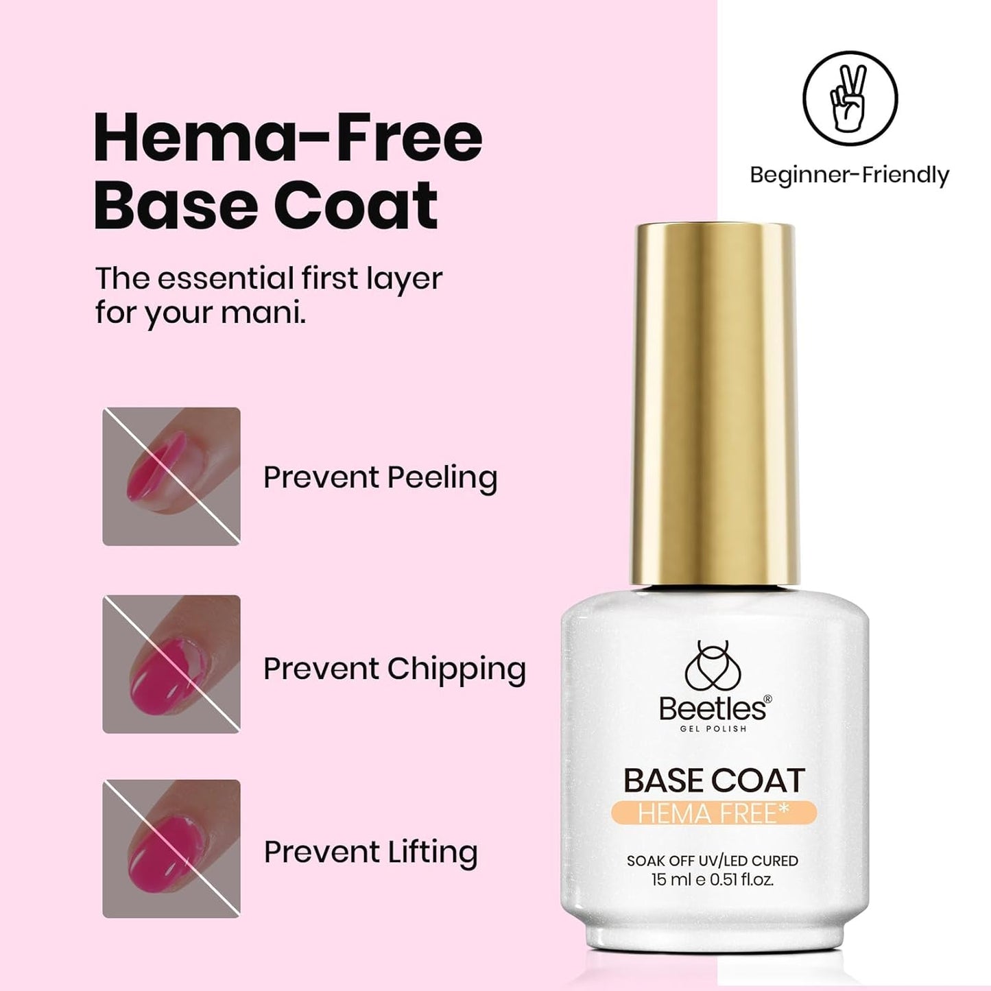 Beetles 3Pcs 15ml HEMA-Free Nail Glue Top Coat & Base Gel Set No Wipe Top Coat Base Nail Glue Gel for False Nails Shine Effect Long Lasting Nail Extension DIY Salon Nails at Home, U V Light Required