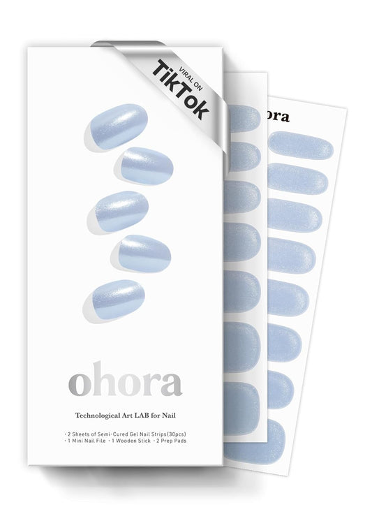 ohora Semi Cured Gel Nail Strips (N Light Blue Chrome) - Works with Any Lamps, Salon-Quality, Long Lasting, Easy to Apply & Remove - Includes 2 Prep Pads, Nail File & Wooden Stick