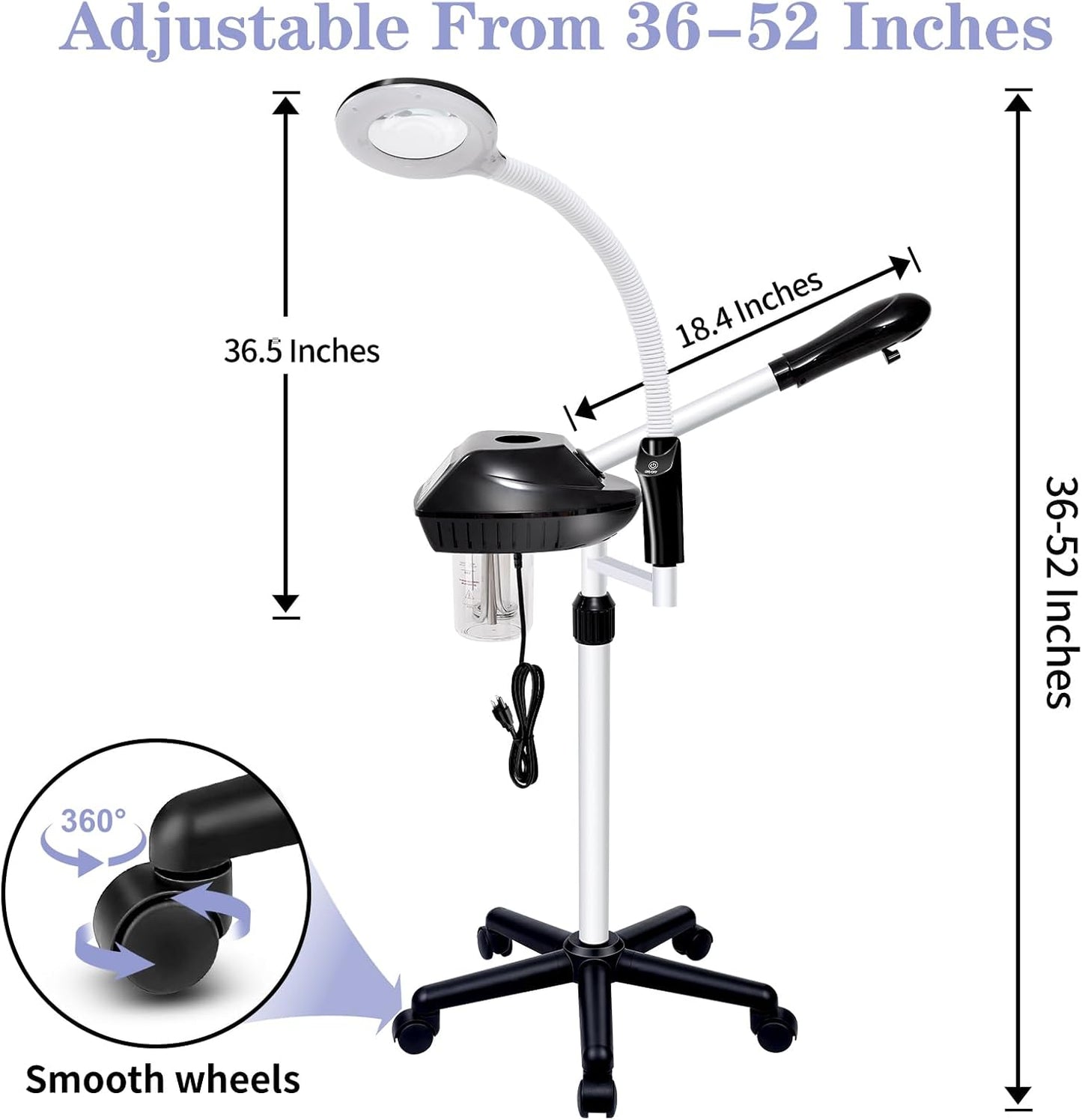Professional Facial Steamer, 2 in 1 Face Steamer on Wheels, with 5X Magnifying Lamp, Facial Steamer with Time Setting, Stand Face Steamer Adjustable Height for Spa, Salon and at Home use