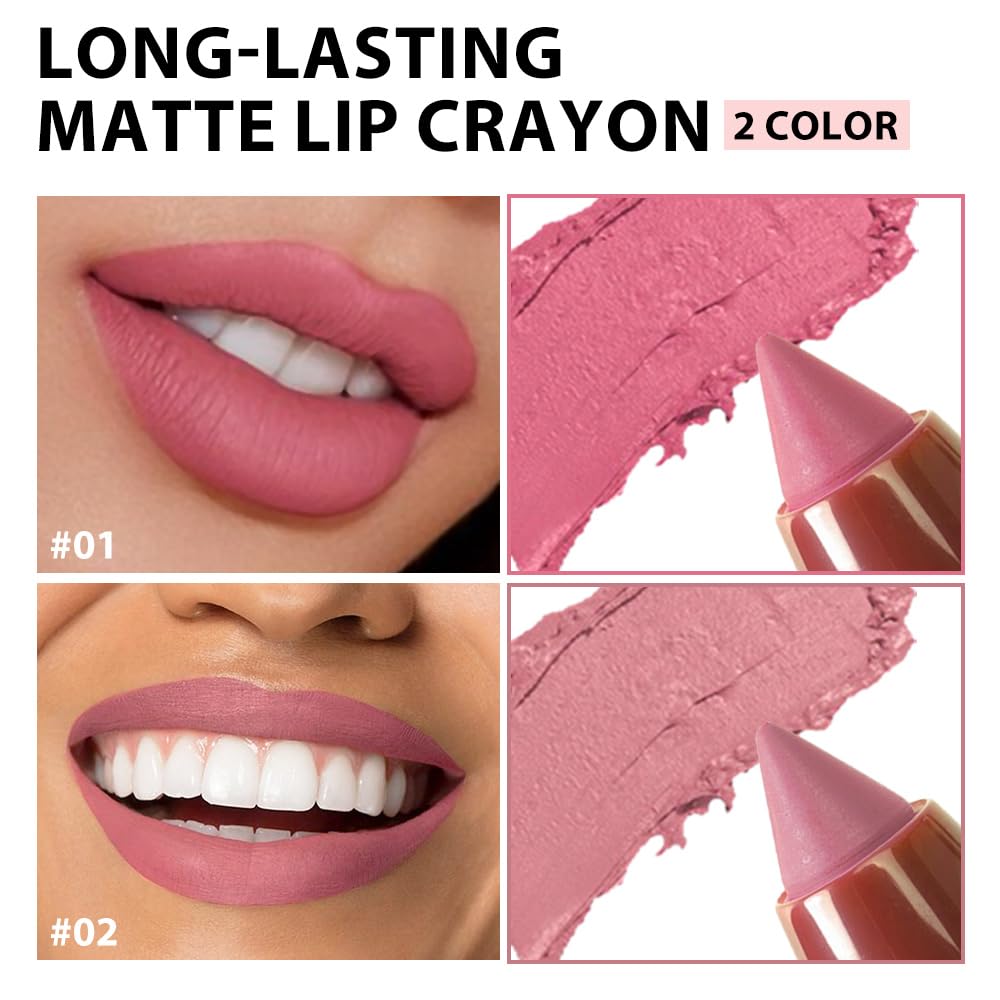 BINGBRUSH Matte Lip Crayon Set – Longwear, Waterproof, Velvet Finish, Built-in Sharpener, Smooth Lip Liner & Gloss (01#+02#, 2 Count (Pack of 1))