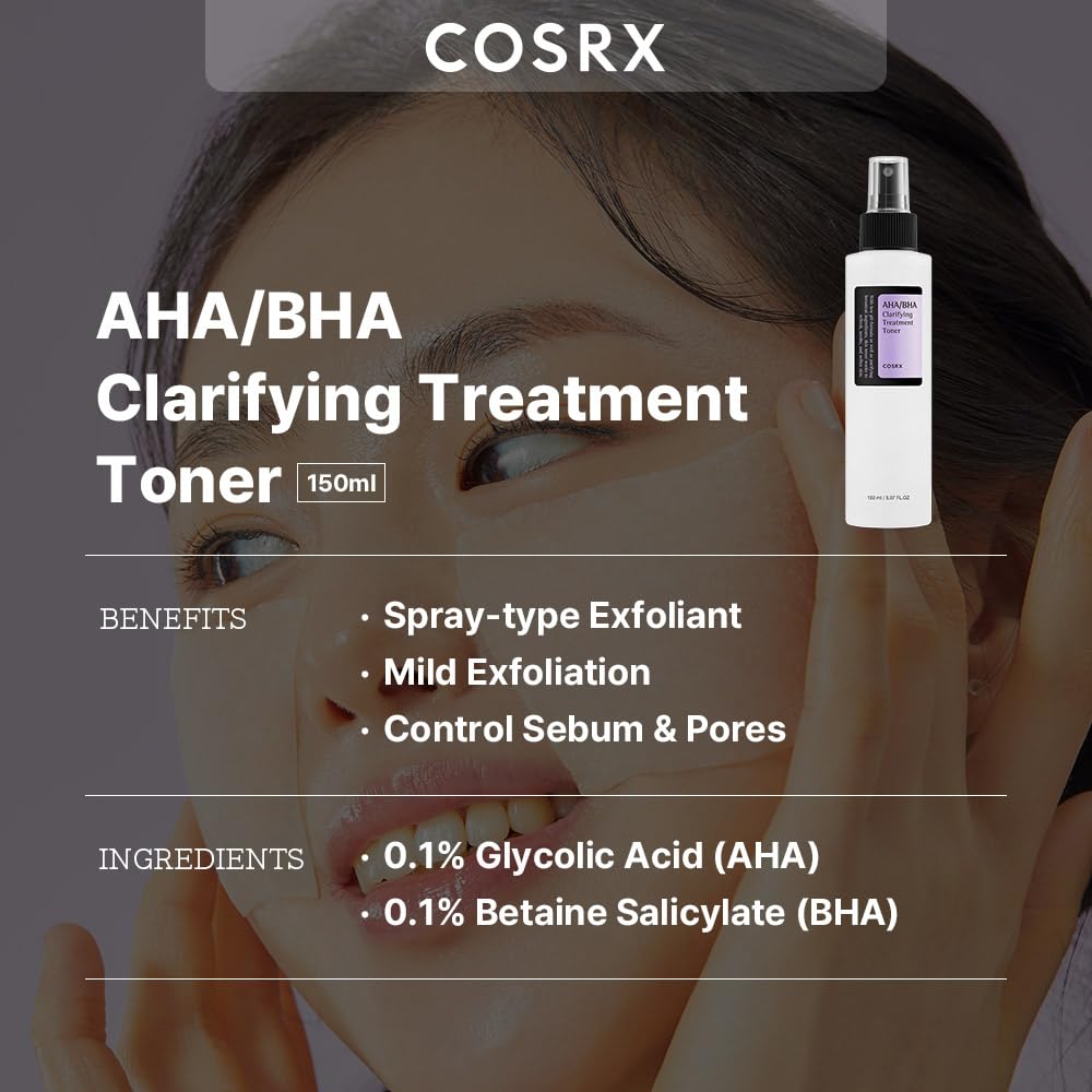 COSRX AHA/BHA Treatment Toner 5.07 fl.oz/ 150ml, Facial Exfoliating Spray for Whiteheads, Pores, & Uneven Skin, Korean Toner, Not Tested on Animals, No Parabens, No Sulfates, Korean Skin Care