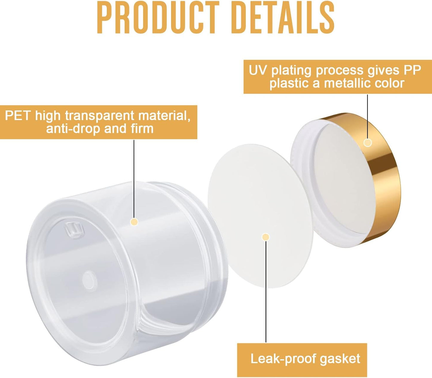 SATINIOR 100 Pcs Plastic Jars with Lids Small Containers Lids Wide Mouth Small Plastic Containers for Lotion Cream Rhinestones Body Butters Travel Storage(2 oz,Gold)