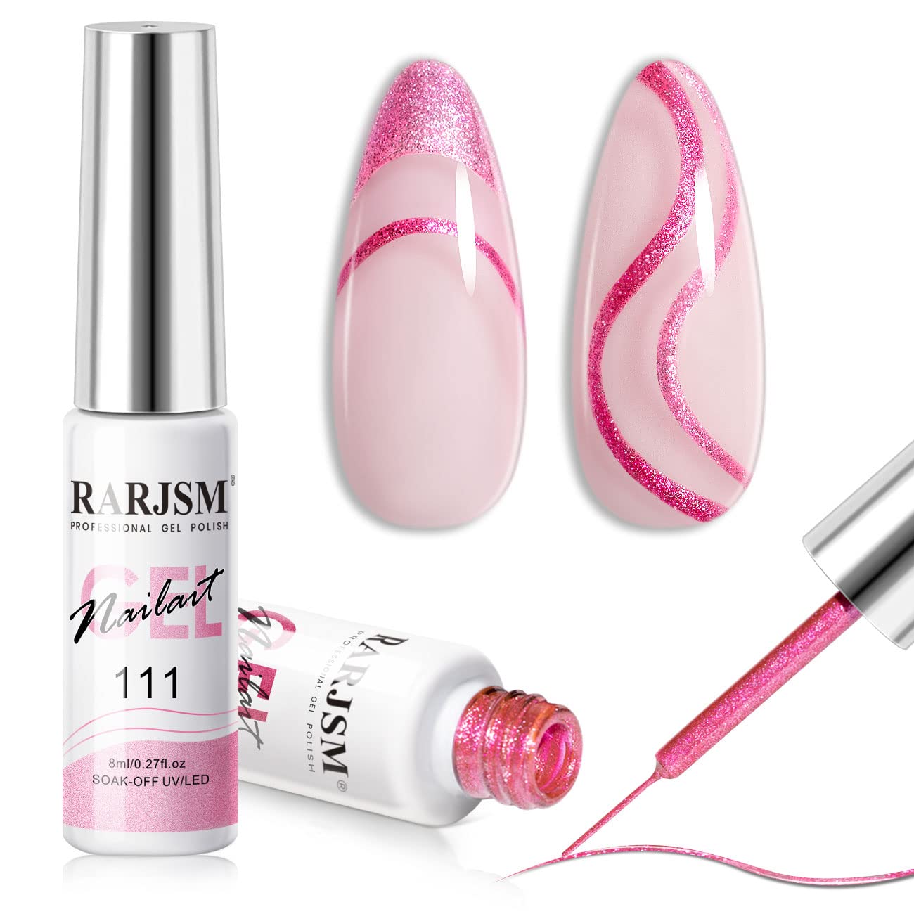 RARJSM Metallic Gel Liner Nail Art Pink,Glitter Painting Gel Nail Polish 2PCS Set,Mirror Chrome Hot Pink Drawing Line Art Gel with Thin Brush Nail Design Line Wire Curing Requires 8ml DIY Manicure