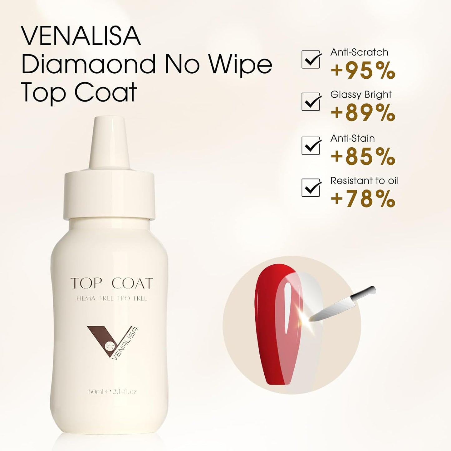 VENALISA 60 ML No Wipe Gel Top Coat- High Gloss Shiny Long Lasting Top Coat Clear Gel Nail Polish, Soak Off Nail Art Home and Professional Manicure