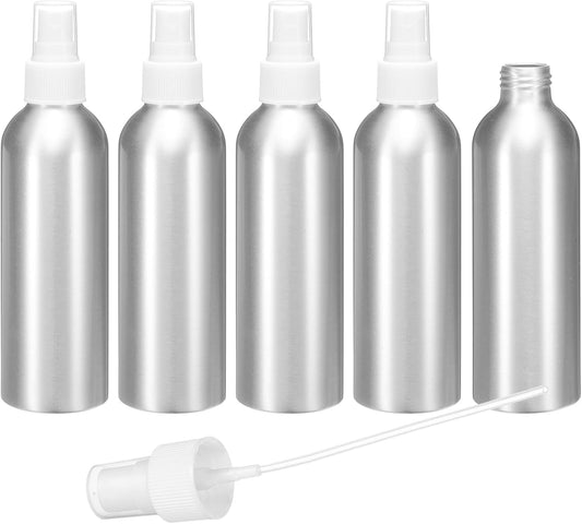 HARFINGTON 5pcs Aluminum Fine Mist Spray Bottles 200ml/6.7oz Metal Small Liquid Alcohol Refillable Travel Container with White Plastic Nozzle Cap for Perfume Skincare Cosmetic Storage Bottle
