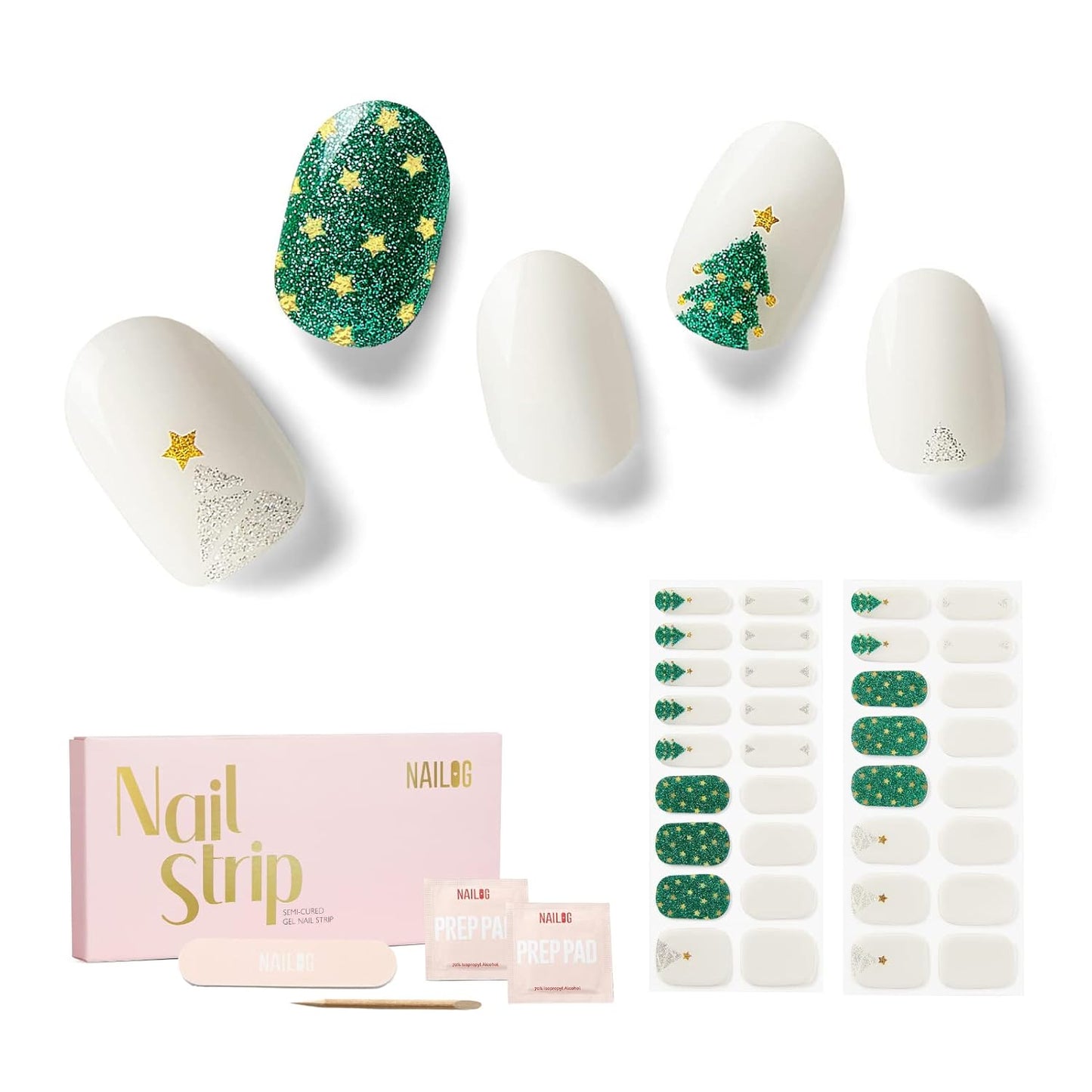 Nailog Semi Cured Gel Nail Strips 34 pcs| Long Lasting Nail Polish Sticker Wraps with Glossy Gel Finish, Twinkling Trees