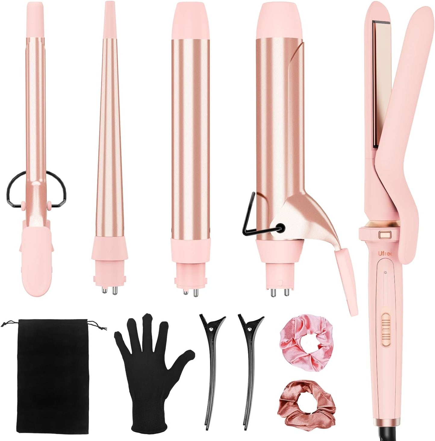 Ufree 5 in 1 Curling Iron with Ceramic Barrels (0.35"-1.25"), Curling Wand Set with Flat Iron Hair Straightener, Instant Heat Up, Dual Voltage Hair Curler, Gifts for Women, Pink