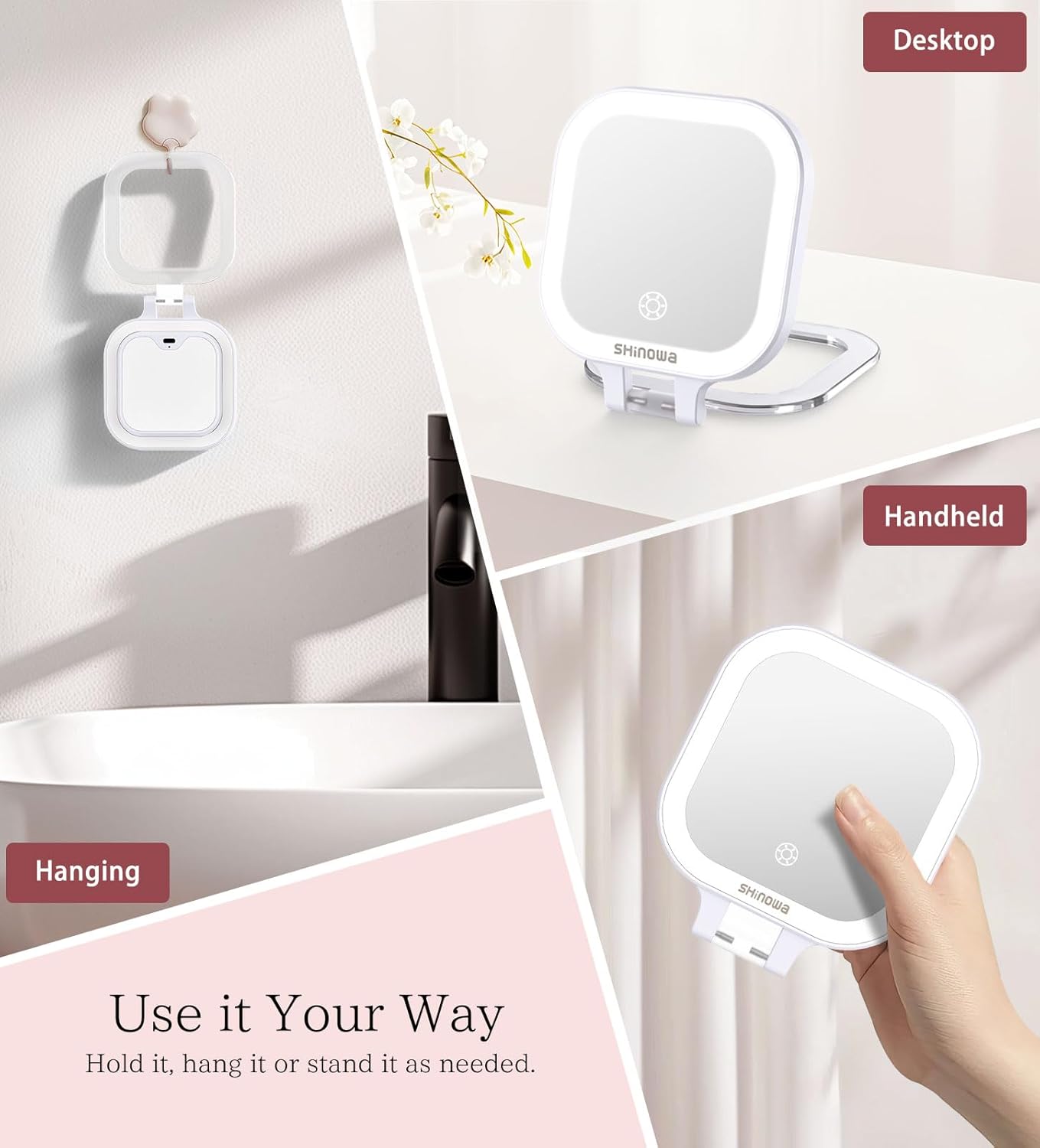 Shinowa Rechargeable Travel Makeup Mirror with 44 LED Lights, 1X/10X Magnifying Vanity Mirror with 3 Color Light, Folding Stand, 4 Inch Portable Dimmable Double Sided Compact Lighted Mirror, White